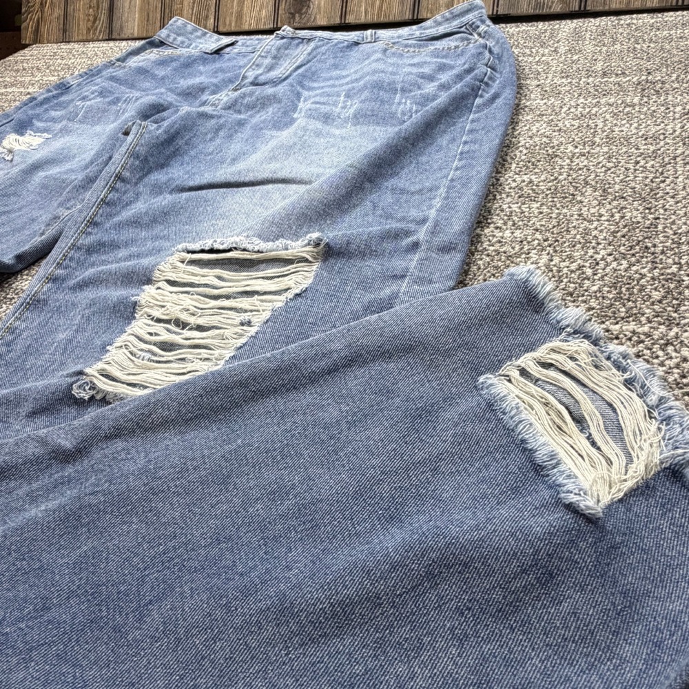Unbranded Distressed Wide Leg Jeans Womens XL Medium Wash Ripped Frayed Hem - Picture 3 of 10
